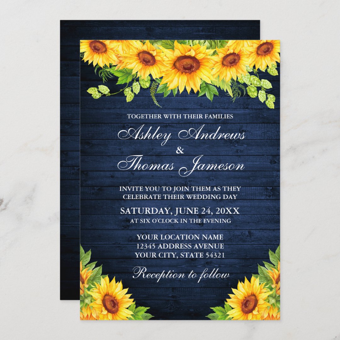 Rustic Blue Wood Sunflower Floral Greenery Invitation | Zazzle