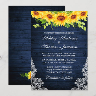 Rustic Blue Wood Sunflower Floral Greenery Lace Invitation