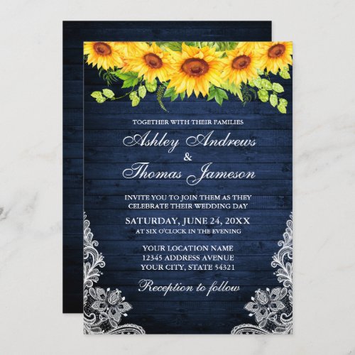 Rustic Blue Wood Sunflower Floral Greenery Lace Invitation