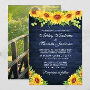 Rustic Blue Wood Sunflower Floral Greenery Photo Invitation