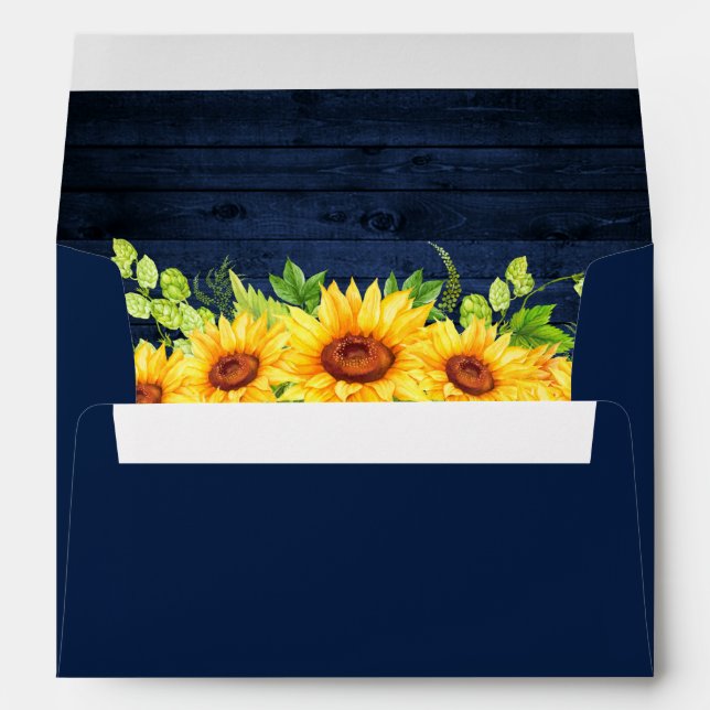 Rustic Blue Wood Sunflower Floral Invitation Blue Envelope (Back (Bottom))