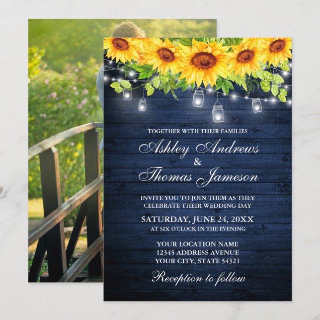 Rustic Blue Wood Sunflower Floral Jar Lights Photo Invitation (Front/Back)