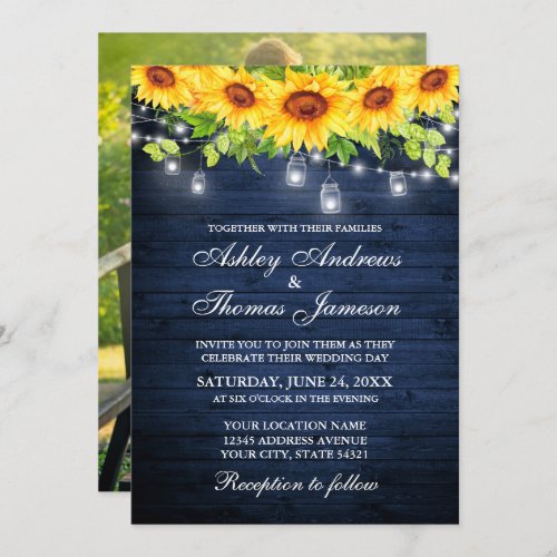 Rustic Blue Wood Sunflower Floral Jar Lights Photo Invitation