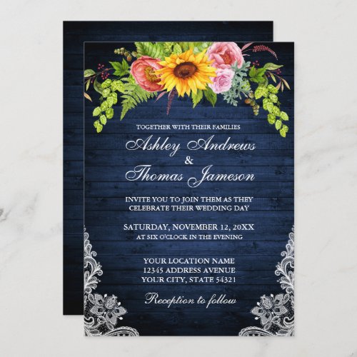 Rustic Blue Wood Sunflower Floral Lace Wedding Invitation