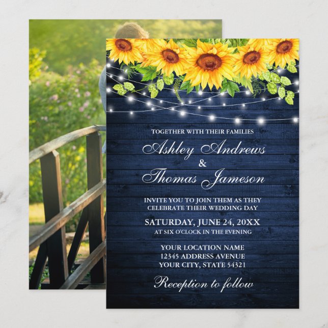 Rustic Blue Wood Sunflower Floral Lights Photo Invitation (Front/Back)