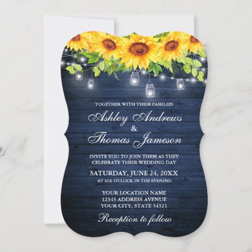 Rustic Blue Wood Sunflower Floral Mason Jar Lights Invitation