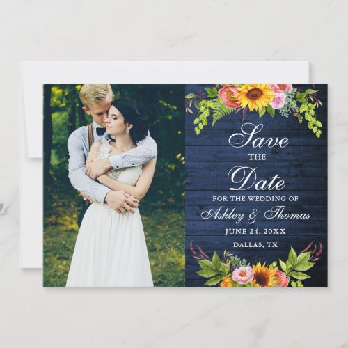 Rustic Blue Wood Sunflower Floral Photo Save The Date