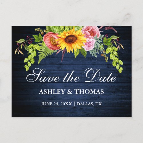 Rustic Blue Wood Sunflower Floral Save The Date Invitation Postcard