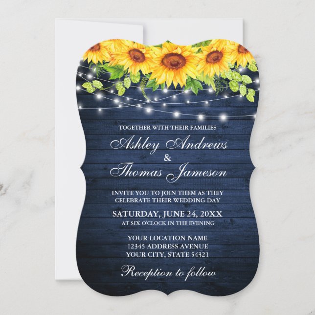 Rustic Blue Wood Sunflower Floral String Lights Invitation (Front)