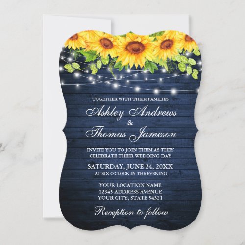 Rustic Blue Wood Sunflower Floral String Lights Invitation