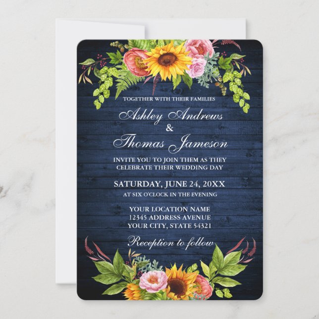 Rustic Blue Wood Sunflower Floral Wedding Invitation (Front)
