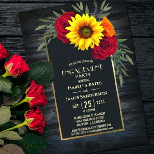 Rustic Blue Wood Sunflower Rose Engagement Party Invitation