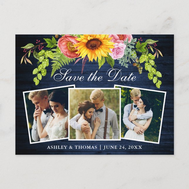 Rustic Blue Wood Sunflower Save the Date Photo Invitation Postcard (Front)