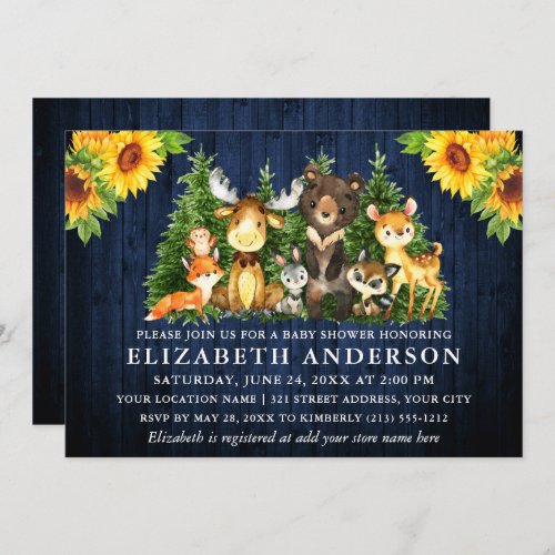Rustic Blue Wood Sunflower Woodland Animals Shower Invitation