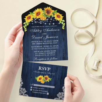 Rustic Blue Wood Sunflowers Lace Lights Wedding All In One Invitation by SugarandSpicePaperCo at Zazzle