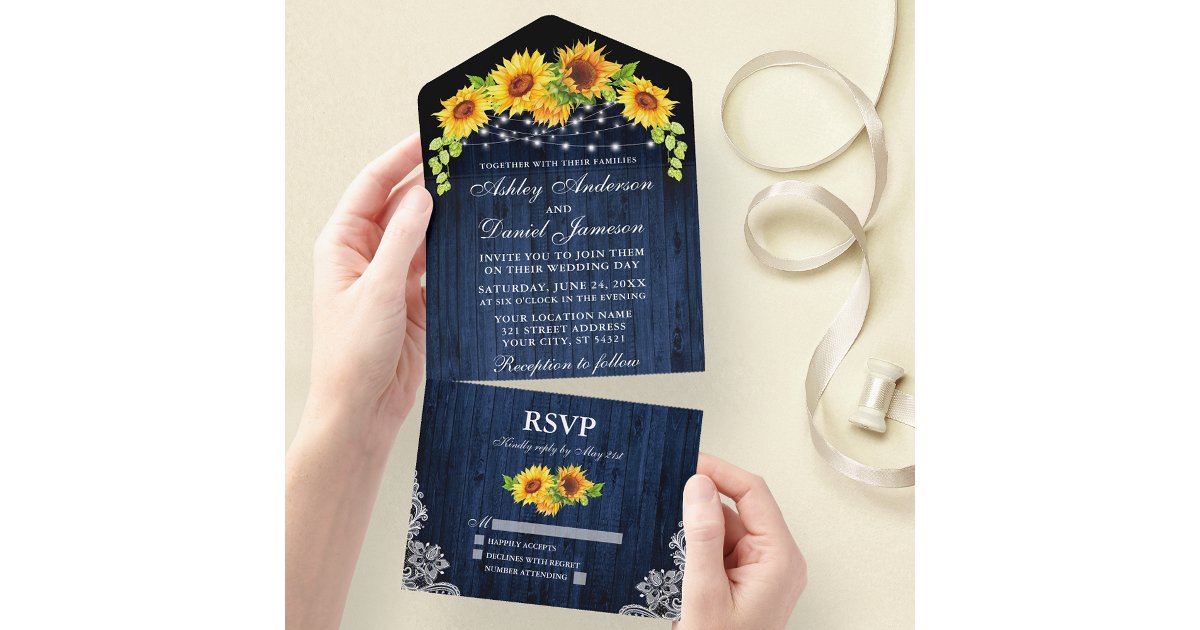 Rustic Blue Wood Sunflowers Lace Lights Wedding All In One Invitation ...