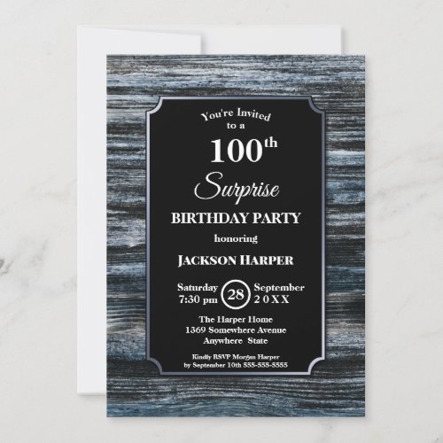 Rustic Blue Wood Surprise 100th Birthday Party Invitation