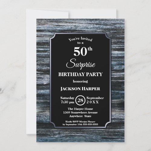Rustic Blue Wood Surprise 50th Birthday Party Invitation