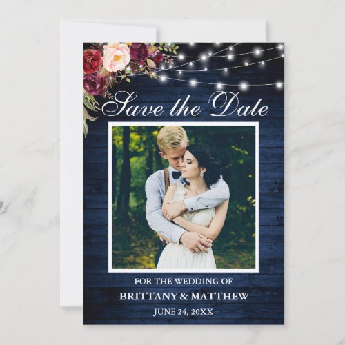 Rustic Blue Wood Watercolor Burgundy Floral Lights Save The Date