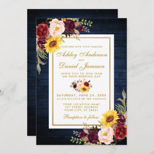 Rustic Blue Wood Watercolor Floral Gold Wedding Invitation