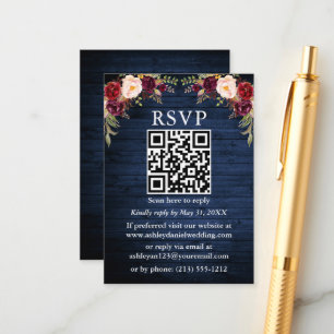 Rustic Blue Wood Watercolor Floral QR RSVP Enclosure Card