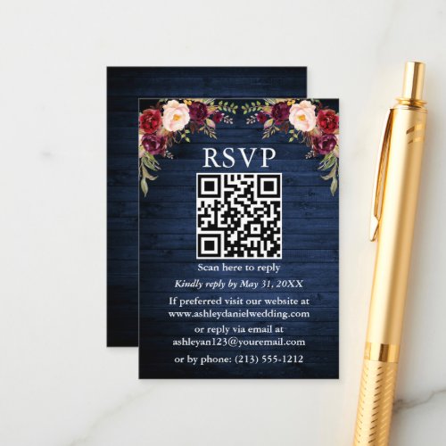 Rustic Blue Wood Watercolor  Floral QR RSVP Enclosure Card