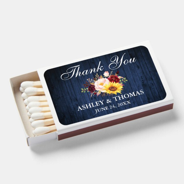 Rustic Blue Wood Watercolor Mixed Floral Wedding Matchboxes (Front Open)