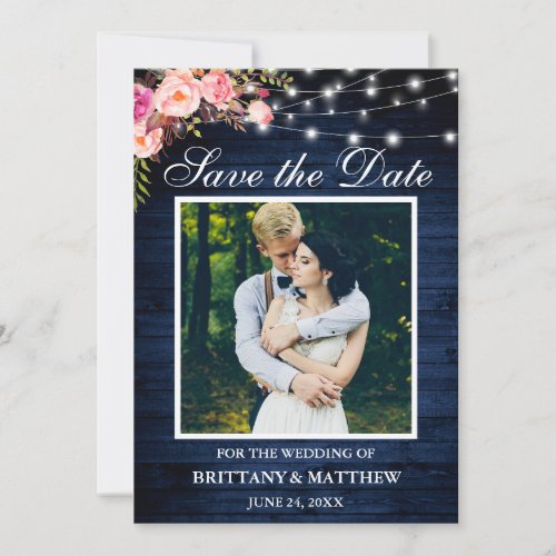 Rustic Blue Wood Watercolor Pink Floral Lights Save The Date
