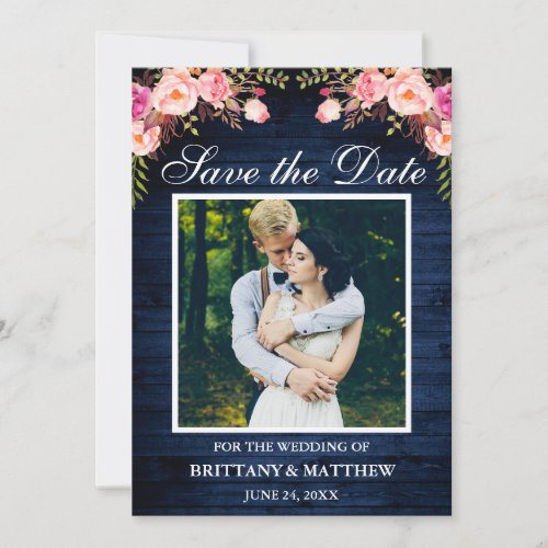 Rustic Blue Wood Watercolor Pink Floral Photo Save The Date