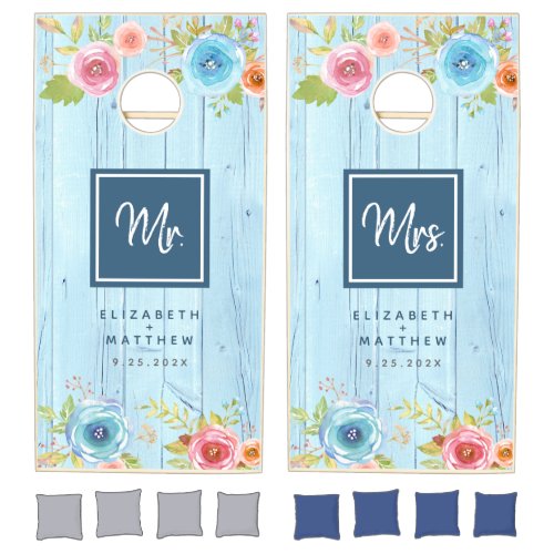 Rustic Blue Wood Wedding Country Floral Monogram Cornhole Set