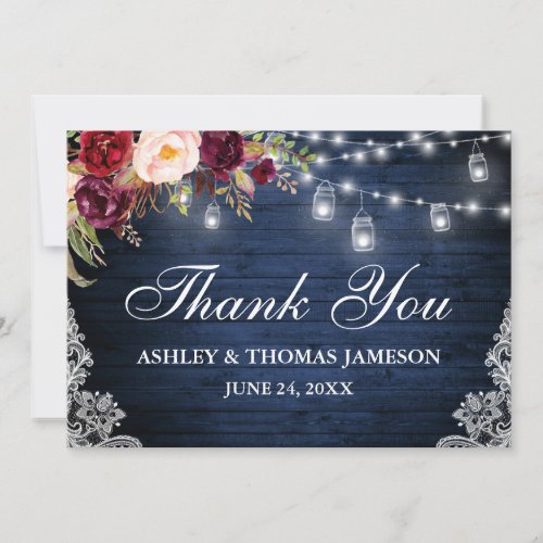 Rustic Blue Wood Wedding Floral Jar Lights Lace Thank You Card