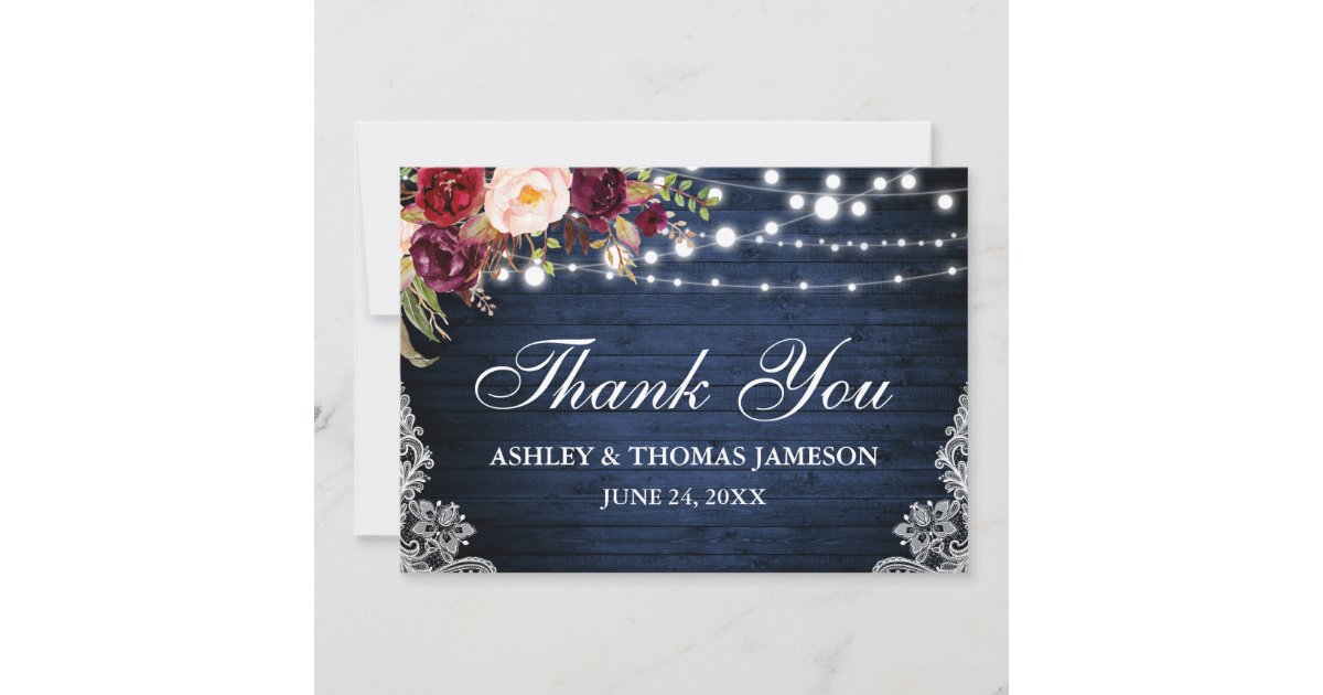 Rustic Blue Wood Wedding Floral Lights Lace Thanks Thank You Card | Zazzle