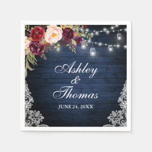 Rustic Blue Wood Wedding Jar Lights Floral Lace Napkins
