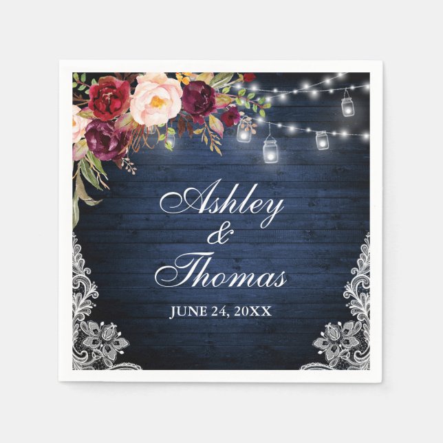 Rustic Blue Wood Wedding Jar Lights Floral Lace Napkins (Front)