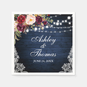 Rustic Blue Wood Wedding Lights Floral Lace Napkins