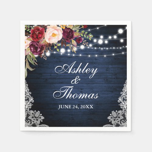 Rustic Blue Wood Wedding Lights Floral Lace Napkins