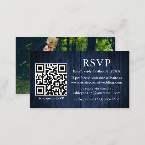 Rustic Blue Wood Wedding QR Photo RSVP Enclosure Card