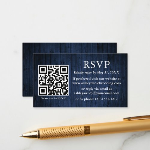 Rustic Blue Wood Wedding QR RSVP Enclosure Card