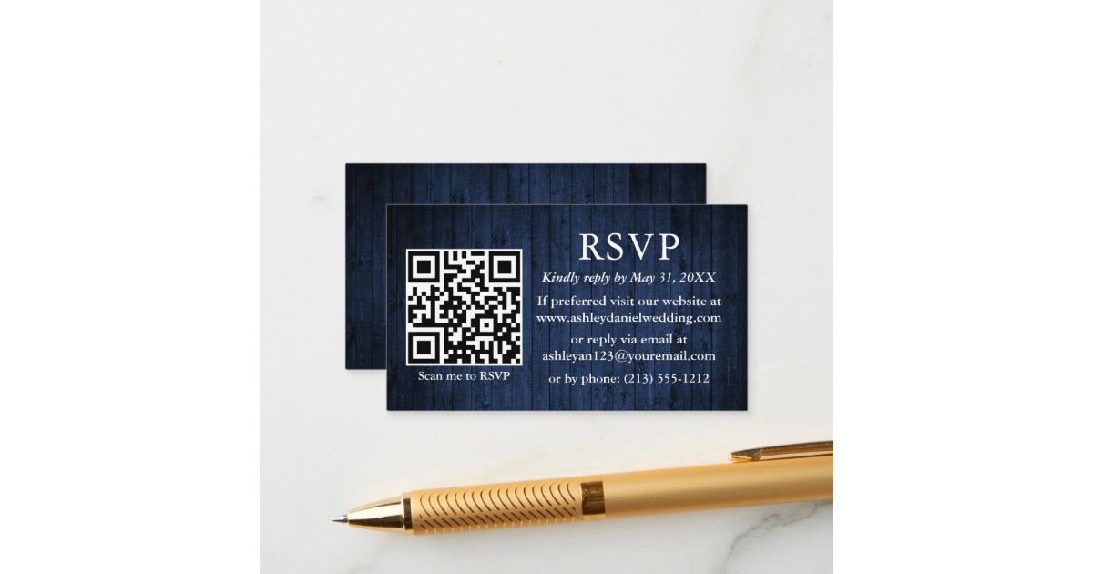 Rustic Blue Wood Wedding QR RSVP Enclosure Card Zazzle