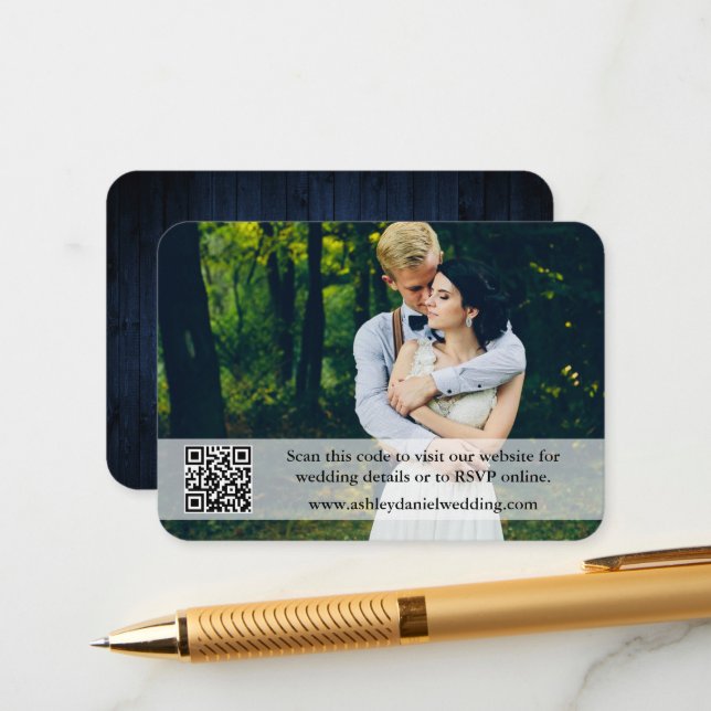 Rustic Blue Wood Wedding Website QR Overlay Photo Enclosure Card (Front/Back In Situ)