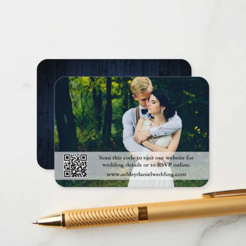 Rustic Blue Wood Wedding Website QR Overlay Photo Enclosure Card