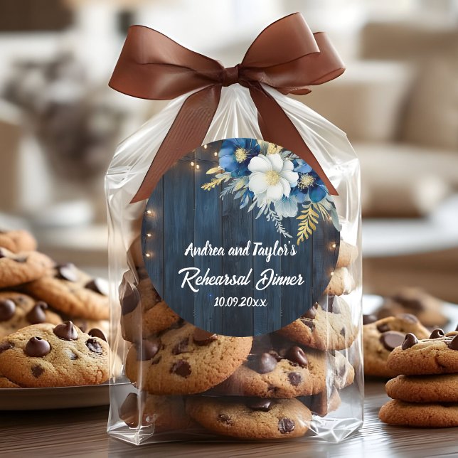 Rustic Blue Wood White Floral Rehearsal Dinner Classic Round Sticker (Creator Uploaded)