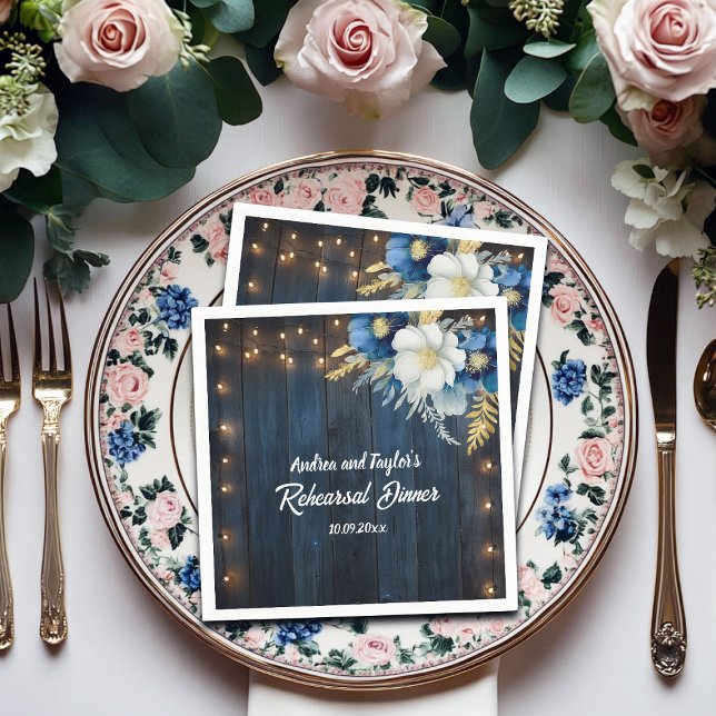 Rustic Blue Wood White Floral Rehearsal Dinner Napkins (Creator Uploaded)