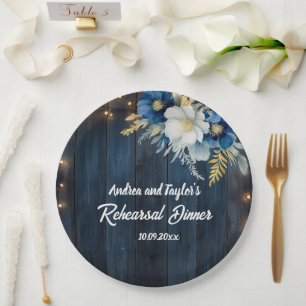 Rustic Blue Wood White Floral Rehearsal Dinner Paper Plates