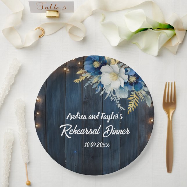 Rustic Blue Wood White Floral Rehearsal Dinner Paper Plates (Wedding)