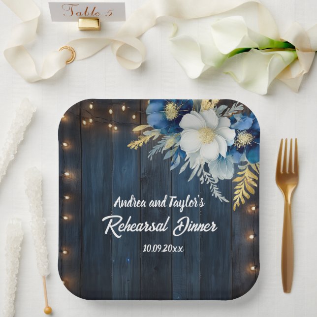 Rustic Blue Wood White Floral Rehearsal Dinner Paper Plates (Wedding)
