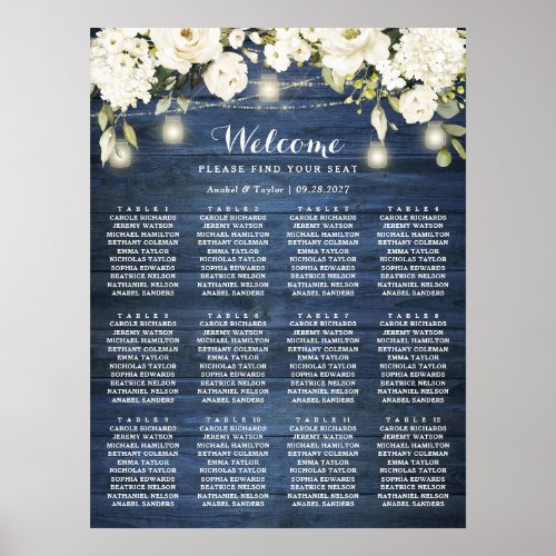 Rustic Blue Wood White Floral Seating Chart Plan