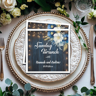Rustic Blue Wood White Floral Sunday Brunch Napkins