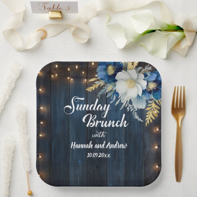 Rustic Blue Wood White Floral Sunday Brunch Paper Plates (Wedding)