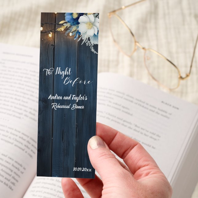 Rustic Blue Wood White Floral Wedding favor Bookmarks (Hand)